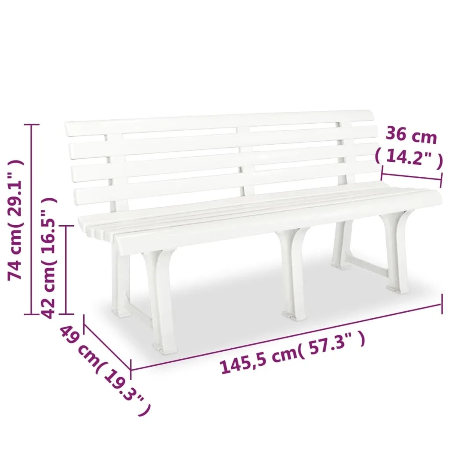 Weiße vidaXL Gartenbank aus Kunststoff, 145,5 cm breit, für Garten und Terrasse.