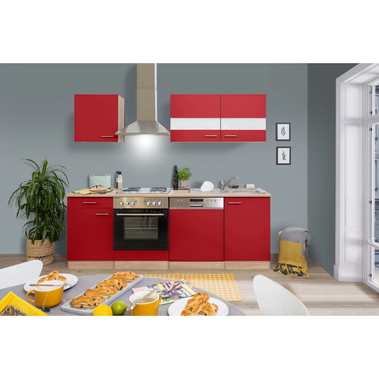 Respekta Küchenzeile/Küchenblock KB220ESR 220 cm Rot-Eiche Sägerau Nachbildung