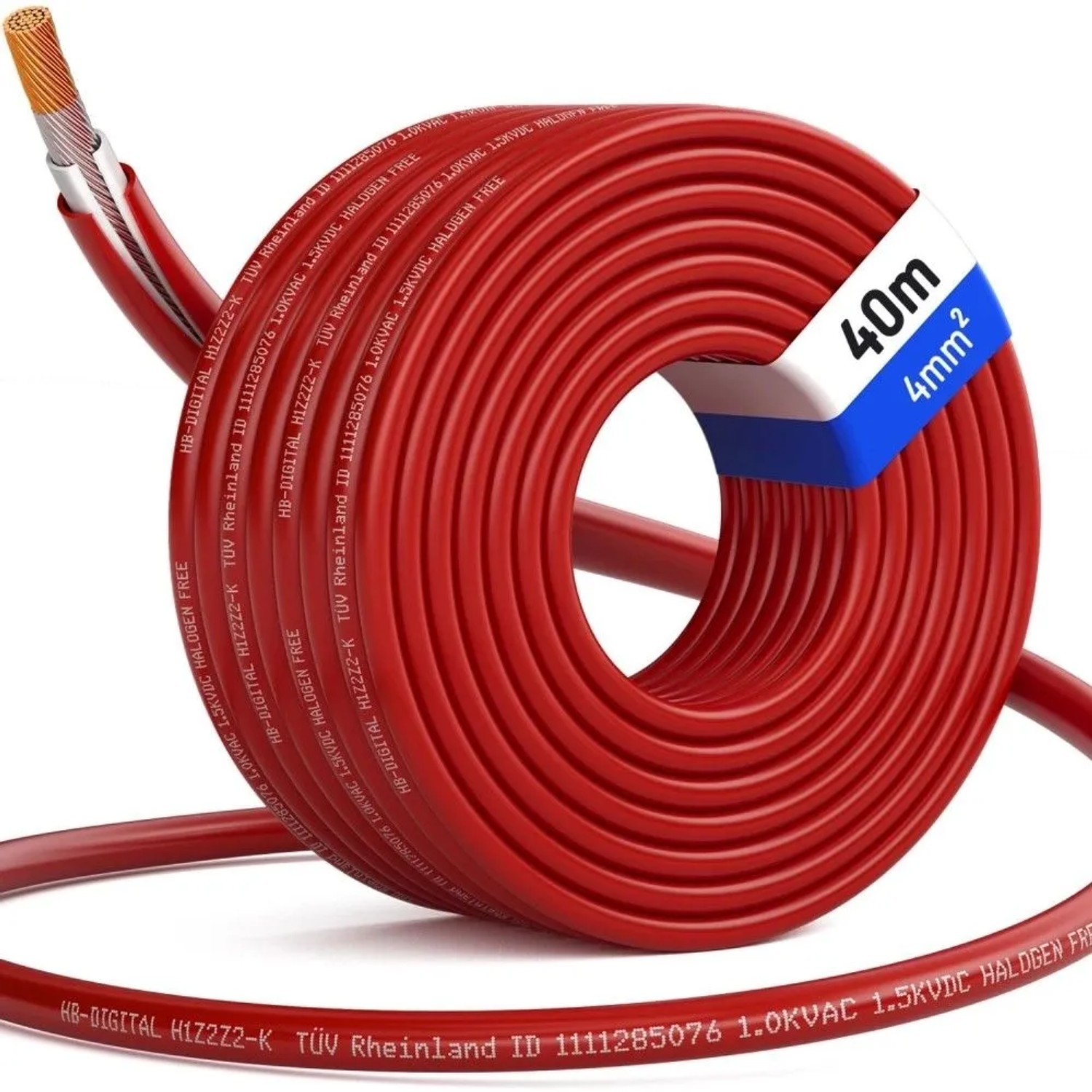 hb-digital Solarkabel 4 mm² H1Z2Z2-K TÜV Zertifiziertes Photovoltaik Kabel für PV Anlagen 40m Rot