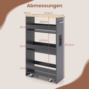 Grauer schmaler Küchenwagen, 4 Etagen, Holzplatte, Rollen, Steckdosen. Maße: 20x47,5x80,5 cm.