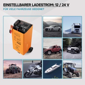 Orangefarbenes Wiltec Batterieladegerät Boost 430, 12V 24V, auf Rädern, für Autos, Lkws, Motorräder.