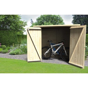 Offene D+J Fahrradgarage Bike Box aus Holz mit zwei Fahrrädern darin.