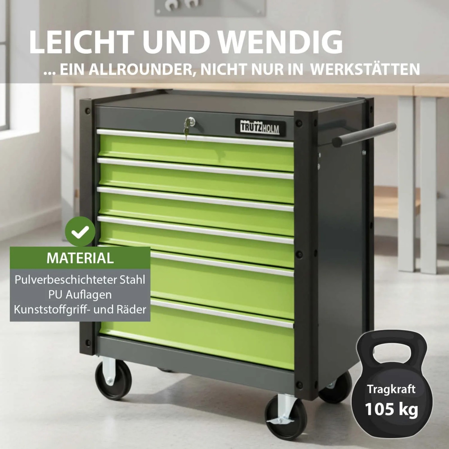 Grüner TRUTZHOLM Werkzeugwagen Trutzi mit 6 Schubladen und Rollen für Werkzeugaufbewahrung.