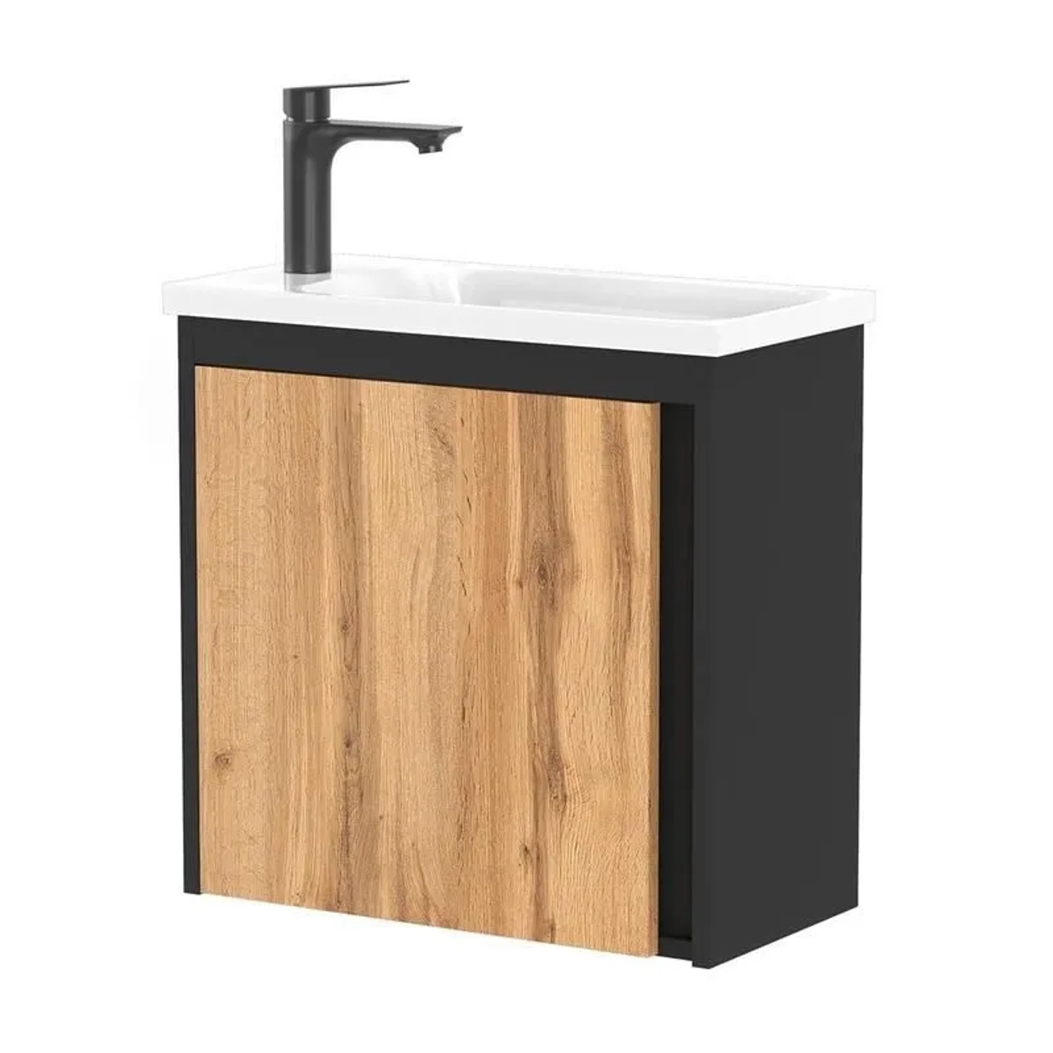 Planetmöbel Waschbeckenunterschrank 50 cm Schwarz Matt Wotan Eiche mit Waschbecken Armatur Schwarz Soft Close