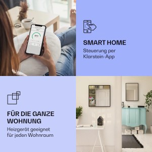 Klarstein La Palma Heizgerät: Smart Home Steuerung per App, Spiegelfront, Montagebeispiele.