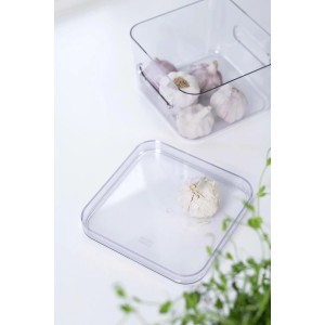 Transparente SmartStore Compact Square M Aufbewahrungsbox mit Knoblauch, Deckel daneben.