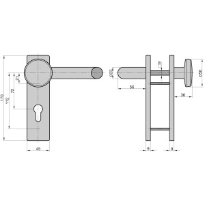 Technische Zeichnung: Basi FS-Wechsel-Beschlag ZT-FS 2150, Kurzschild eckig, Kunststoff schwarz, Maße