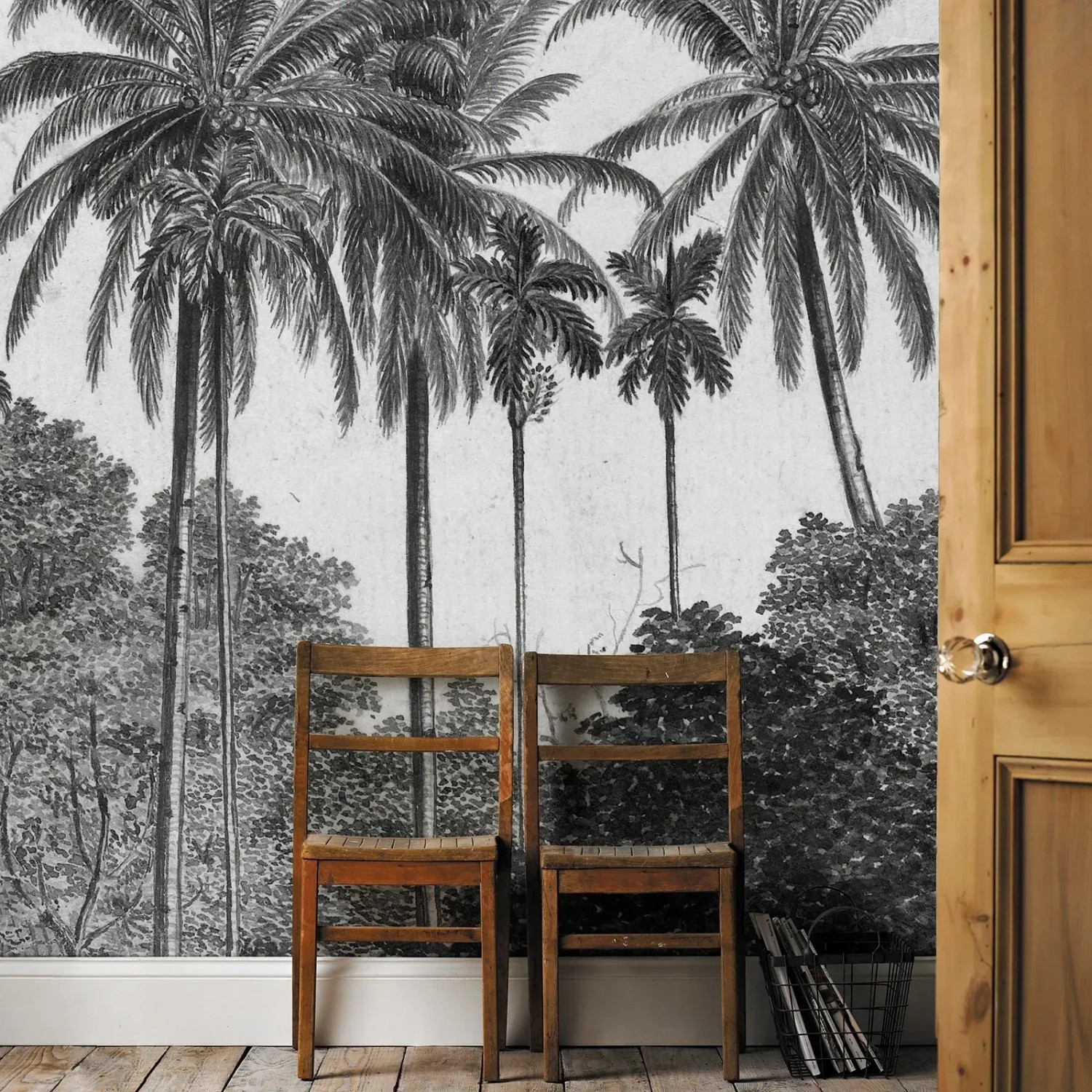 Fototapete Palmen, 300x200 cm, schwarz-weißes Palmenmotiv für Wandgestaltung.