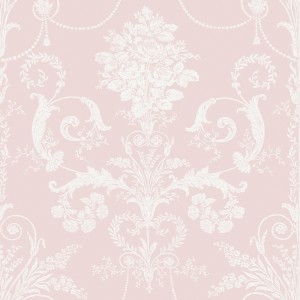 Laura Ashley Vliestapete Josette Amethyst mit floralem Damastmuster auf rosa Grund.