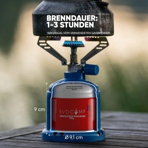 Evocamp Gaskartusche 190g im Campingkocher. Butan-Propan Mischung für bis zu 3 Stunden Brenndauer.