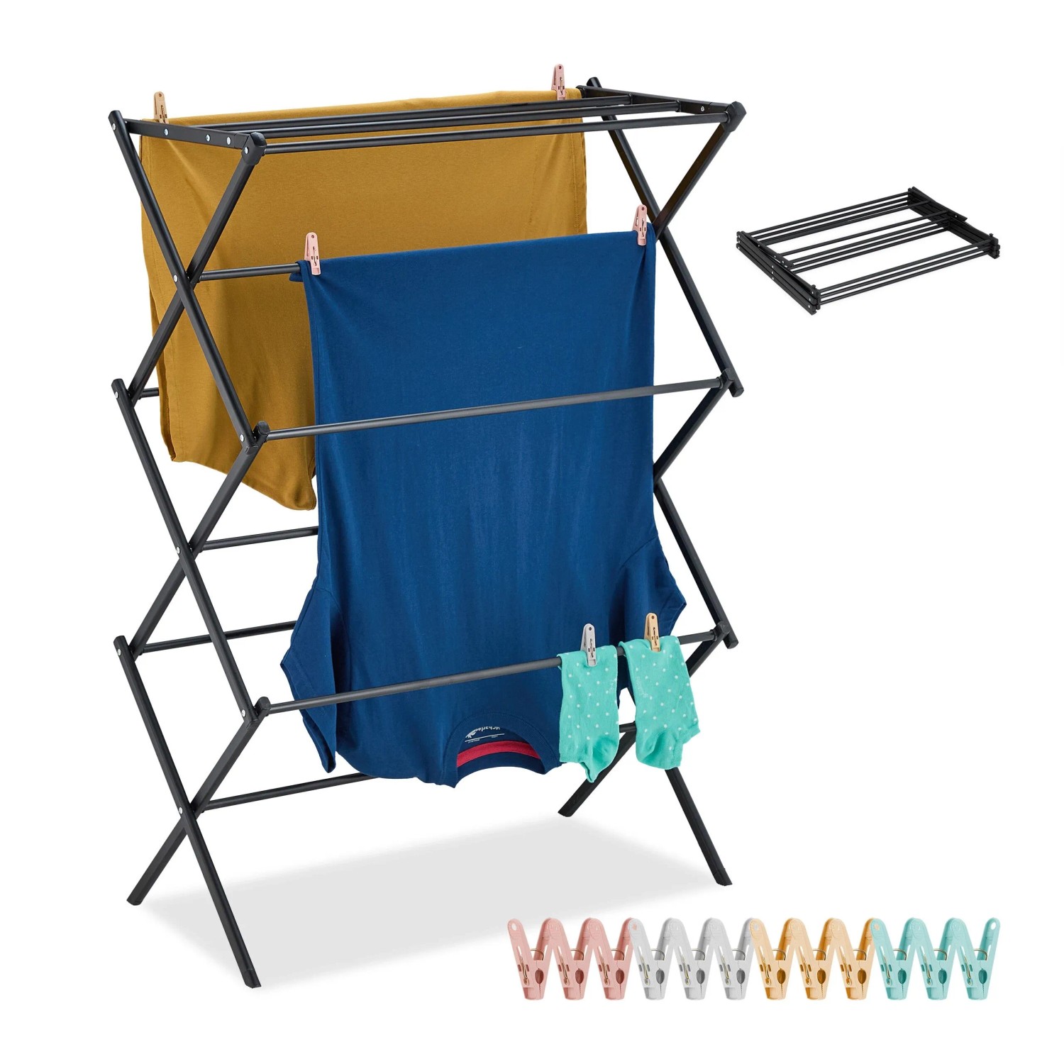 Relaxdays Wäscheständer Stahl Schwarz Klappbar 105 cm x 74 cm x 37 cm 2,2 kg