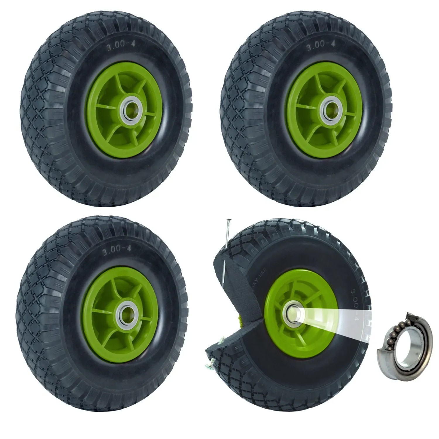 4er Set TRUTZHOLM Sackkarrenräder, pannensicher, PU, 260x85mm, grüne Felge.