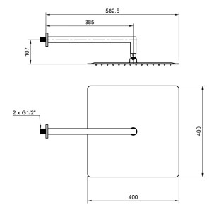 Technische Zeichnung der PaulGurkes 40x40 cm Kopfbrause mit Wandarm und Maßen für Unterputz Dusche Set.