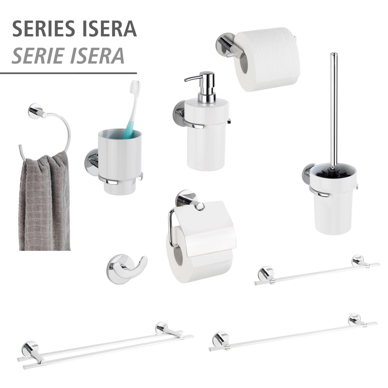 Wenko Bad-Serie Isera: Handtuchstange, WC-Garnitur, Seifenspender, Papierhalter, Haken, Handtuchhalter.