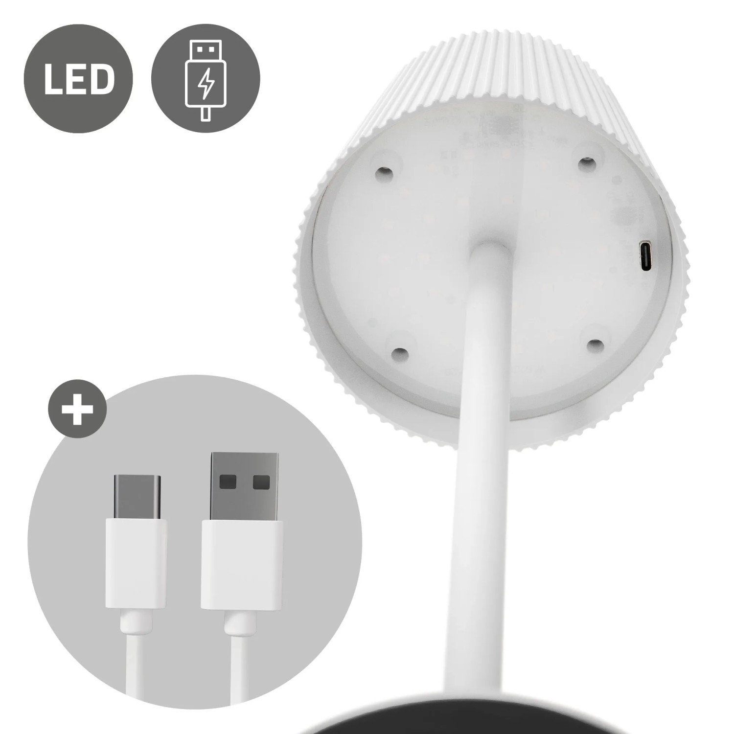 Weiße, dimmbare ML-Design LED Tischlampe kabellos mit USB-Kabel, Ø10x36 cm.