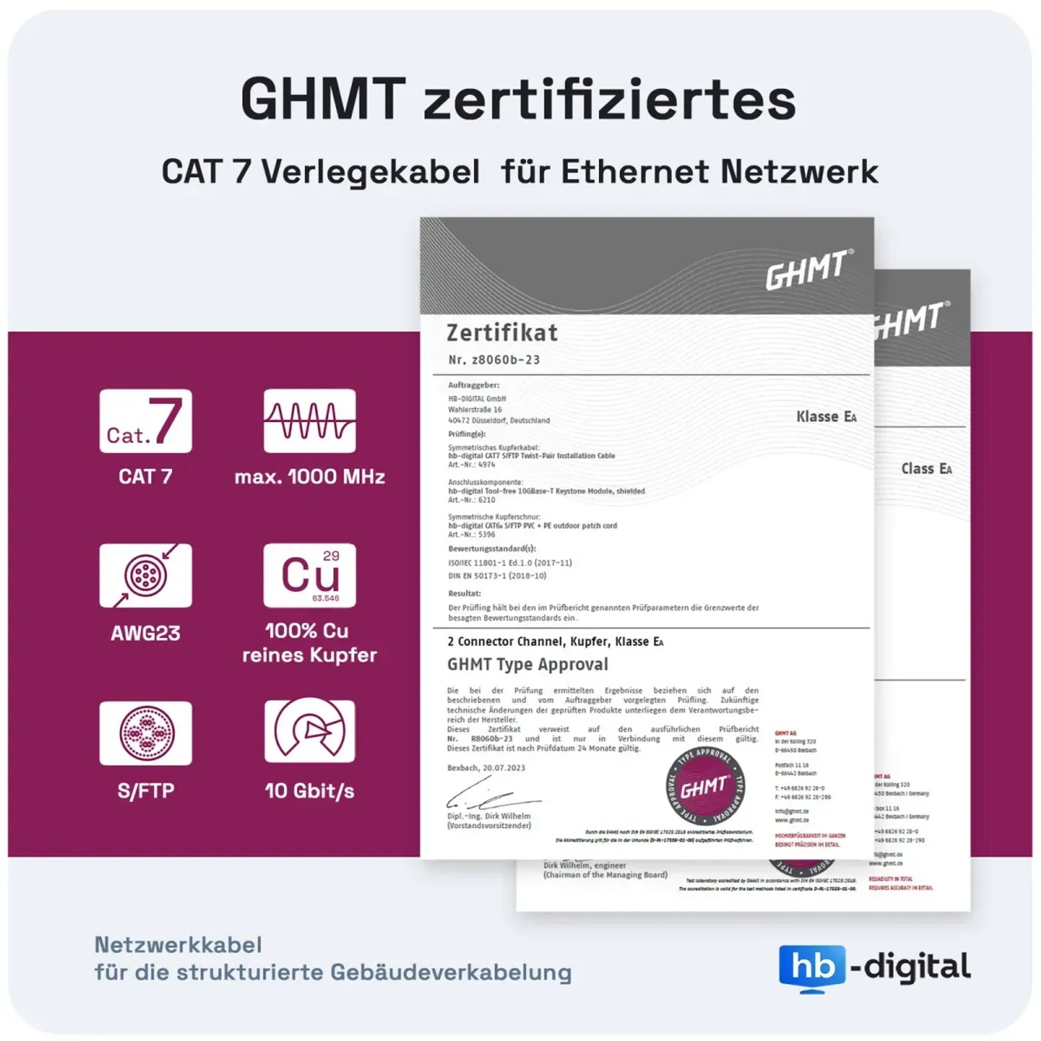 Zertifikat für hb-digital CAT 7 Netzwerkkabel, 1000 MHz, S/FTP, AWG23, Kupfer, 10 Gbit/s.