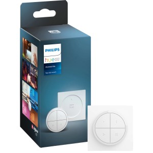 Philips Hue Tap Dial Schalter in Weiß, mit Verpackung und Nahansicht des Schalters.