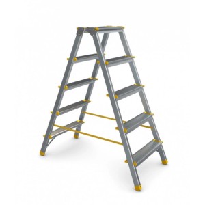 Doppelseitige Aluminium-Stufenstehleiter mit 5 Stufen, silber/gelb, bis 150 kg belastbar.