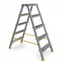 Doppelseitige Aluminium-Stufenstehleiter mit 5 Stufen, silber/gelb, bis 150 kg belastbar.