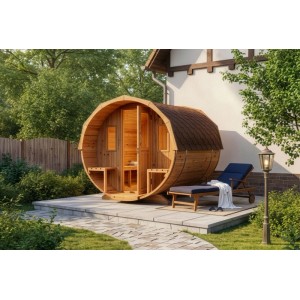 FinnTherm Fasssauna Sam Premium Bausatz: Holzfass mit Tür, Fenster und Dachschindeln.