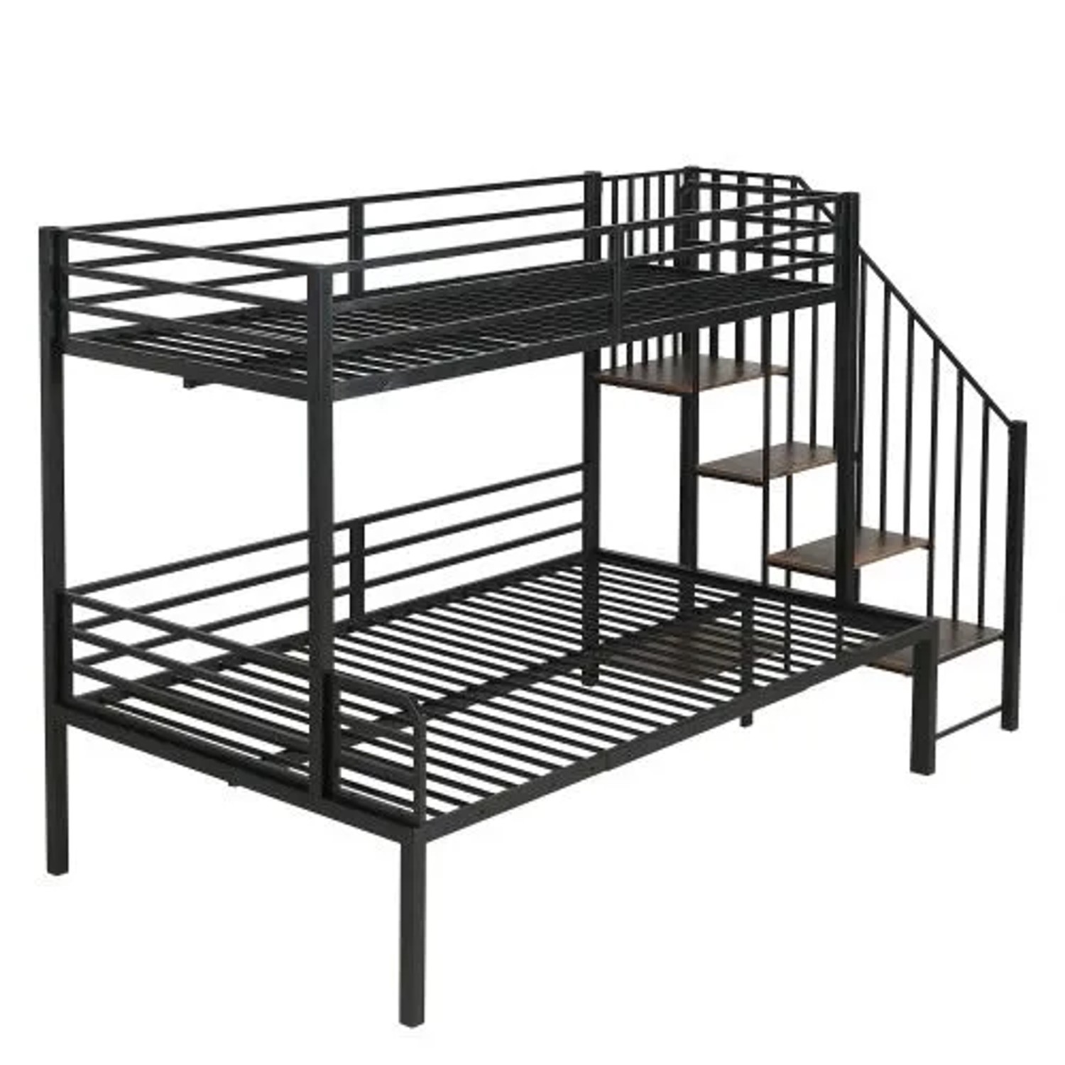 KOMHTOM Etagenbett 90x200Cm Und 120x200Cm  Eisenbett Mit Eckschrank  Eisen + Mdf  Schwarz + Vintage-Holzoptik  Matratze Nicht Enthalten