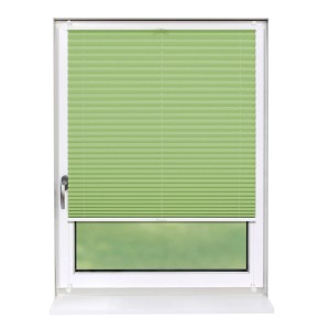 Grünes, blickdichtes Plissee 110x150 cm am Fenster, ohne Bohren montiert. Dekoartikel für Wohnraum.