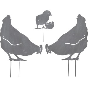 Grauer Gartenstecker: Huhn und Küken aus Metall, Gartendeko für Beet und Rasen.