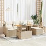 Beige 6-tlg. Garten-Sofagarnitur aus Rattan mit Tisch und Kissen.