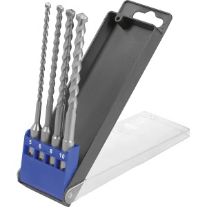 LUX Bohrer-Set Classic SDS-Plus, 4-teilig, für Mauerwerk, Stein und Beton im geöffneten Kasten.
