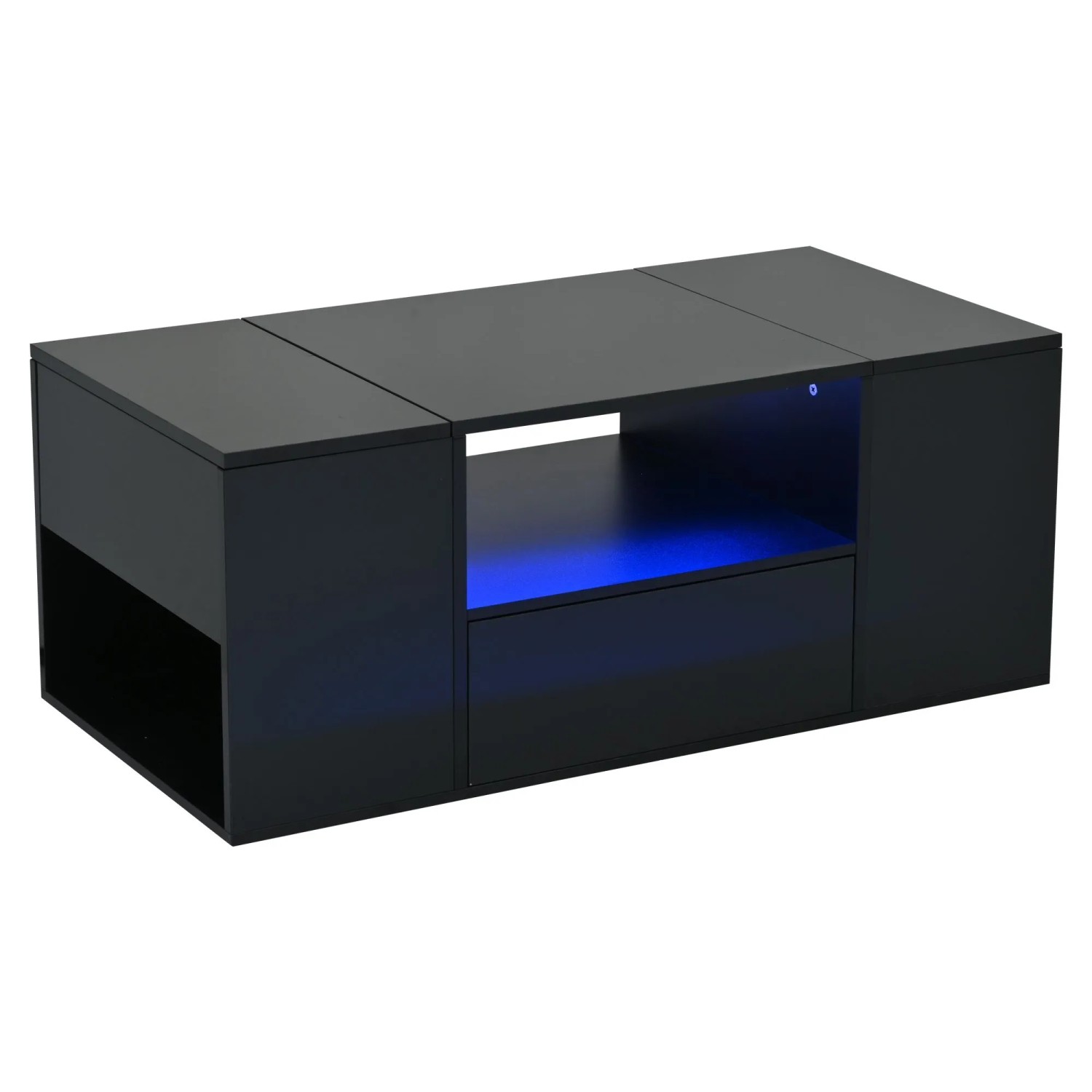 Merax Couchtisch Hochglanz mit LED Schublade 2 Türen 6 Fächer Schwarz