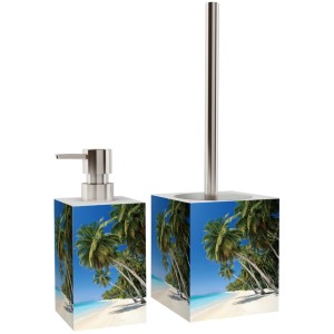 Sanilo Bad Set Karibik: Seifenspender, WC-Bürste mit Palmen-Motiv. Badhelfer für stilvolles Ambiente.