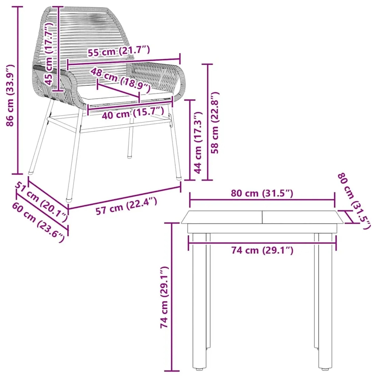 vidaXL 3-Tlg. Garten-Essgruppe, schwarz, Poly Rattan mit Glasplatte, Maße siehe Zeichnung