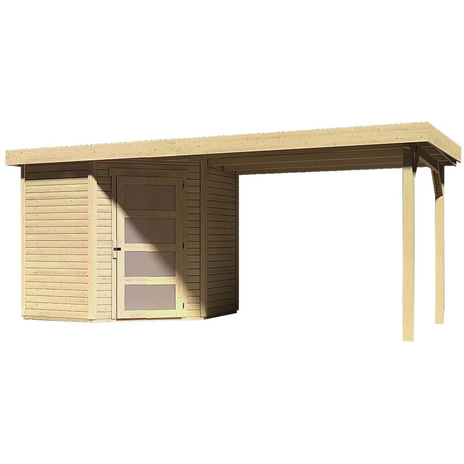 Karibu Holz-Gartenhaus Linköbing mit Flachdach und Anbau, unbehandelt.