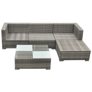 Graues 5-tlg. vidaXL Garten-Lounge-Set aus Rattan mit Tisch und Kissen.