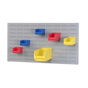 PROREGAL Trägersystem mit grauer Platte und 45 blauen Sichtlagerboxen (50x100 cm).