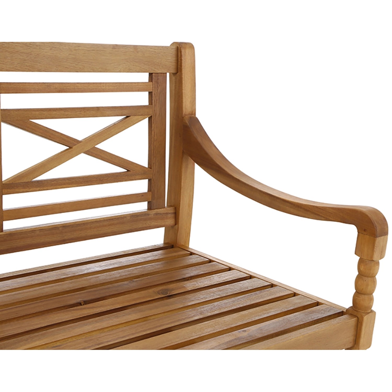 Detailansicht der Siena Garden Westport Bank: 3-Sitzer Gartenbank aus Akazienholz mit geschwungenen Armlehnen.