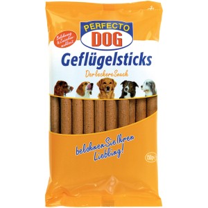Verpackung Perfecto Dog Geflügelsticks 150g, Hunde-Belohnungssnack mit Geflügel.