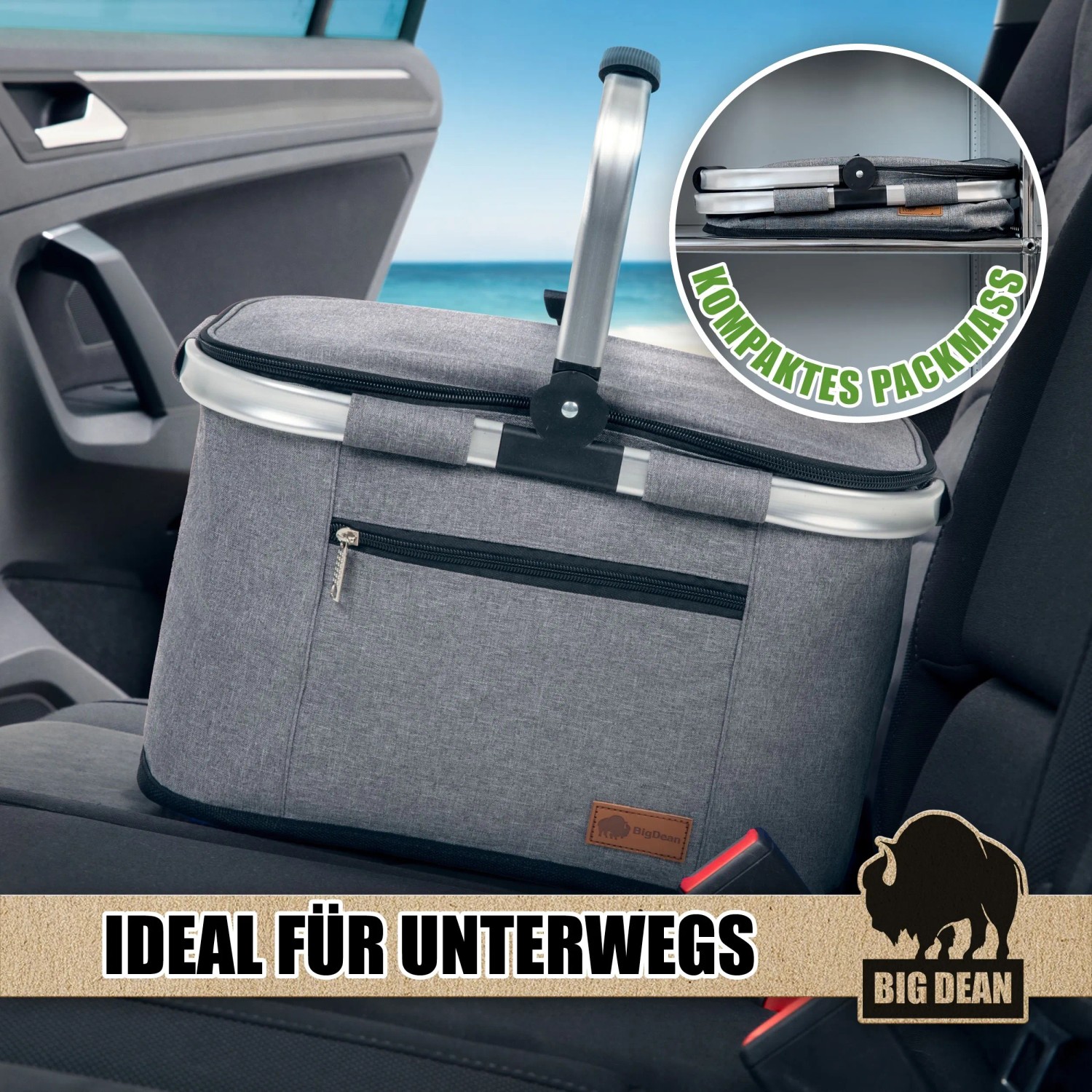 Grauer BigDean Kühlkorb 22L im Auto, Thermokorb mit Alugriff und Reißverschlusstasche.