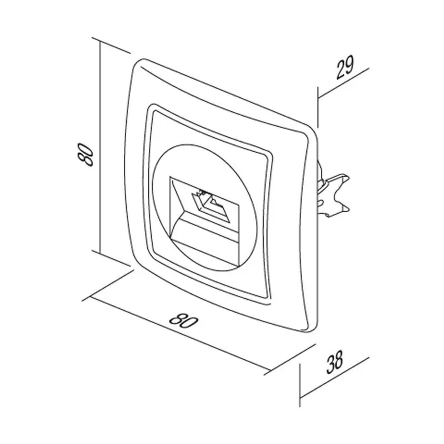 Skizze einer silbernen TEM EKONOMIK Netzwerkdose Cat5e RJ45 1-fach mit Maßangaben.