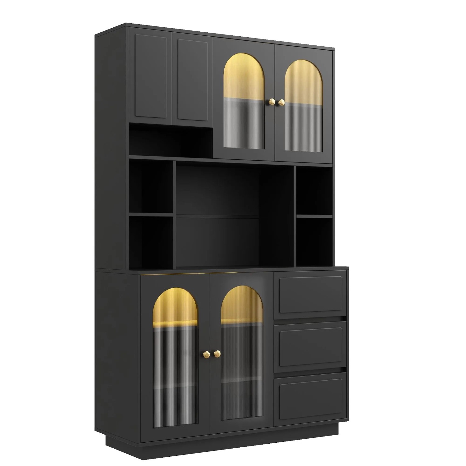 Merax Hochschrank mit Acryltüren LED Offenen Fächern Stauraumschrank