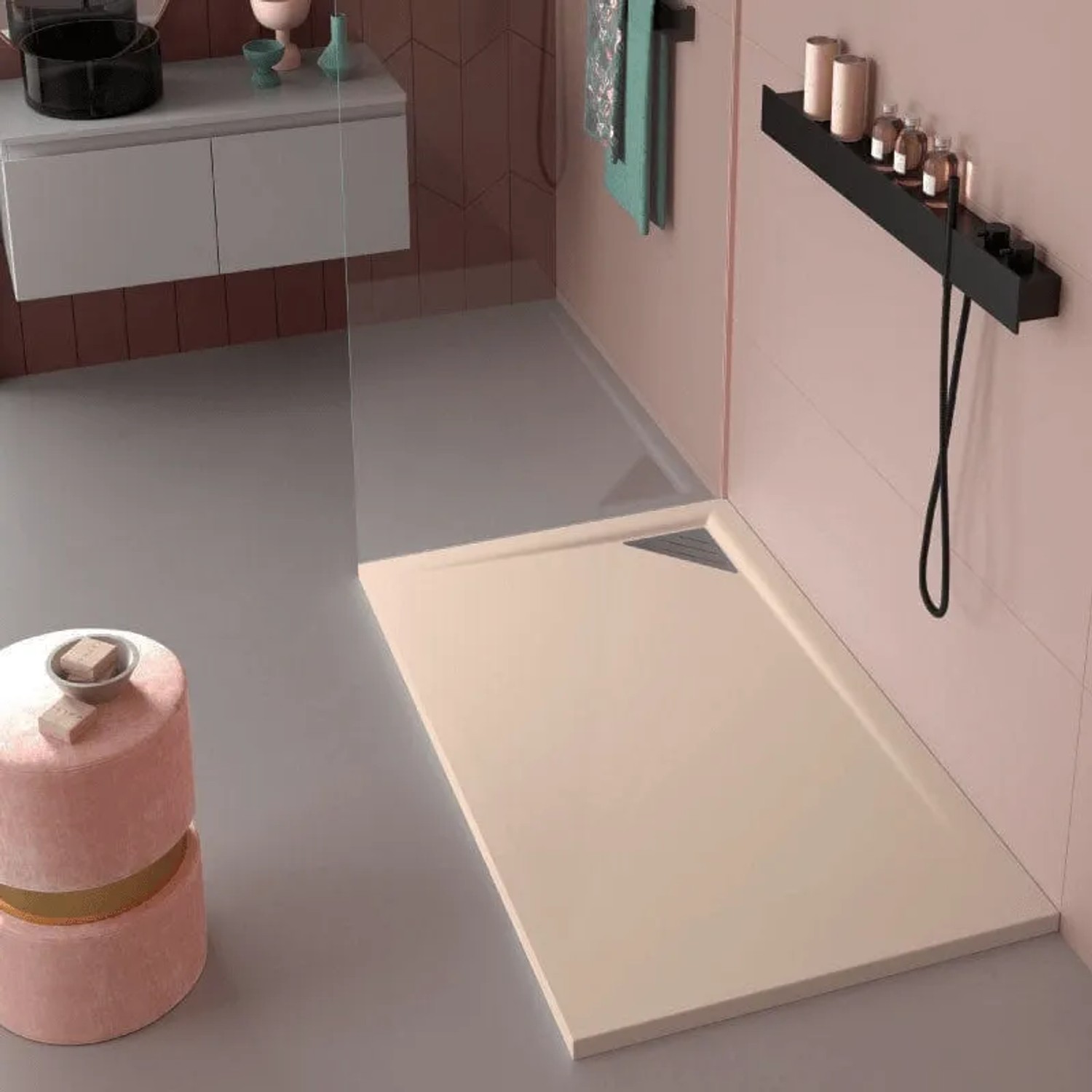 Mirlo Mineralguss Duschwanne Extra Flach Trinity Creme Ablaufschutz Chrom Ablauf Rechtsbündig 90x140cm