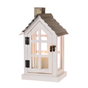 Weiße Metall-Laterne im Haus-Design, 20x16x32,5 cm, mit Kerze. Weihnachtsdekoration.