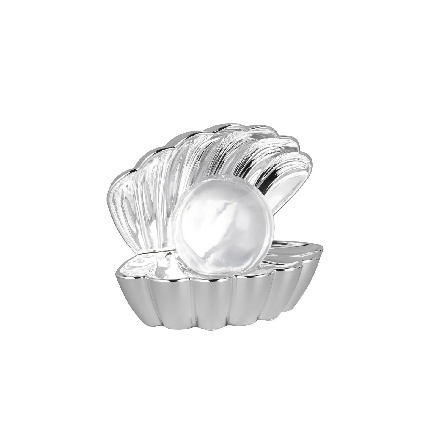 Chromfarbene LED-Tischleuchte in Muschelform mit glitzernder LED-Kugel. Ideal als Deko-Leuchte.