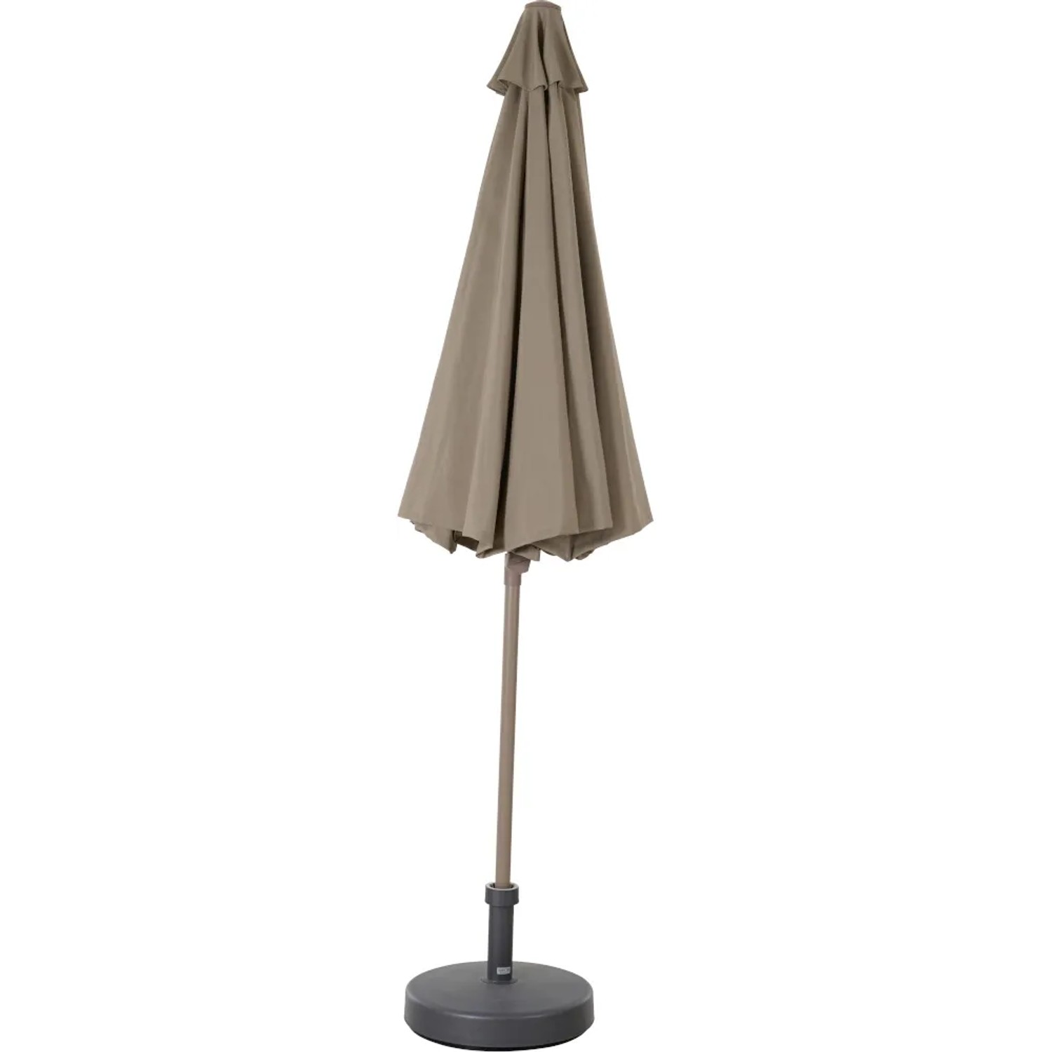 Geschlossener, taupefarbener Siena Garden Marktschirm (Ø 270 cm) mit Schieber und Ständer.