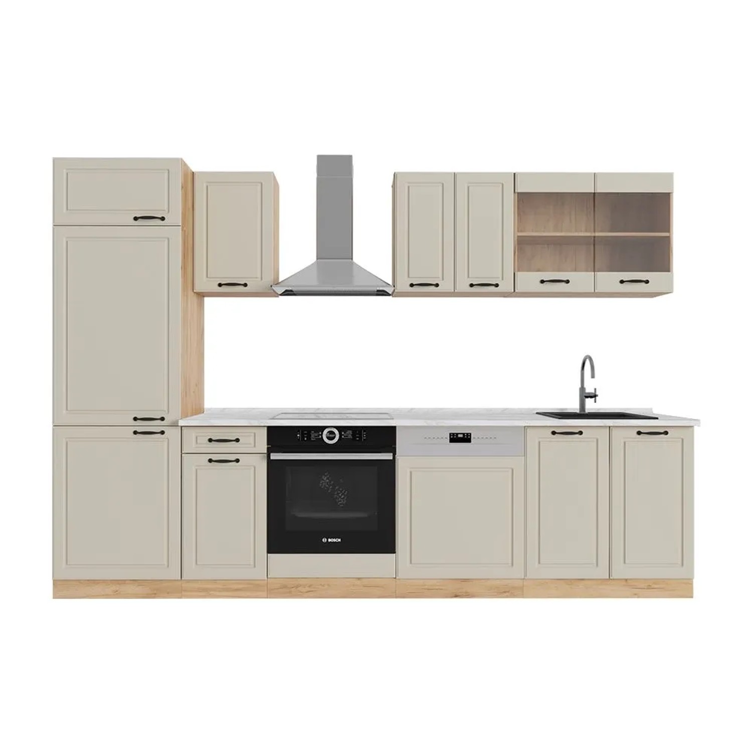 Vicco Küchenzeile R-Line Sand Landhaus/Goldkraft Eiche 300 x 207 Arbeitsplatte Marmor Art Nr 70884