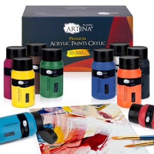 Artina Crylic Acrylfarben Set, 10 Farben à 500ml. Künstlerfarben für Hobby und Profis.