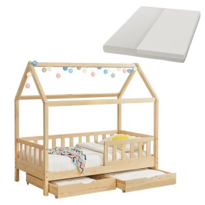 Juskys Kinderbett Marli 80x160 cm mit Bettkasten, Matratze und Haus-Optik aus Kiefernholz.