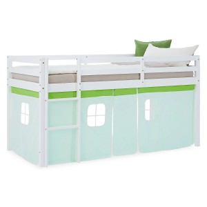 Homestyle4u Kinder Hochbett 90x200 mit grünem Vorhang. Weißes Kinderbett mit Leiter und mintgrünem Vorhang.