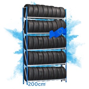 Volles, blau-graues PROREGAL Reifenregal Giant Maximus Pro mit 5 Ebenen für Reifen.