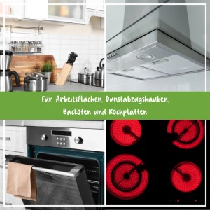 Poliboy Küchen Reiniger: Collage zeigt Arbeitsflächen, Dunstabzugshaube, Backofen, Kochplatten. Für Küchenreinigung.